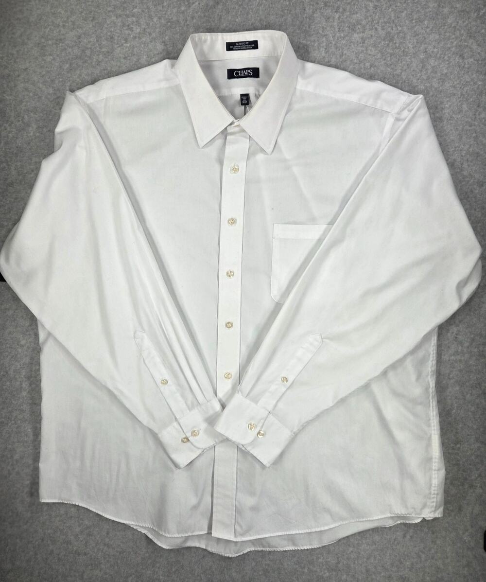 Chaps Shirt Mens 18.5 36/37 White Dress Classic Fit Wrinkle Free Long Sleeve